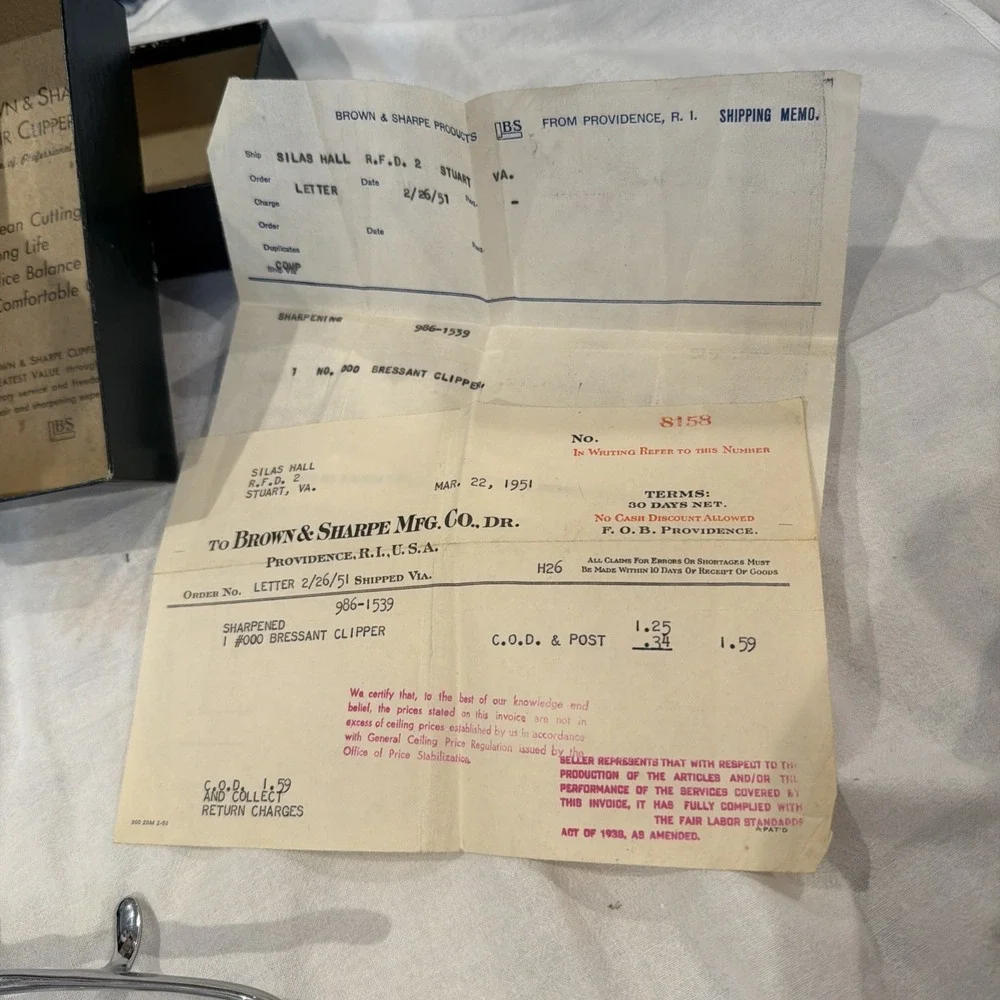 Vtg Brown & Sharpe Bressant Hair Clippers Orig Box Service Receipts Vtg Scissors